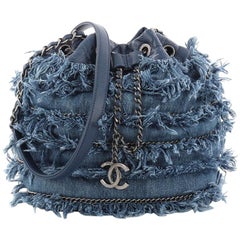  Chanel Drawstring Charm Bucket Bag Fringe Denim