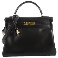 Hermes Kelly Handbag Black Box Calf with Gold Hardware 32