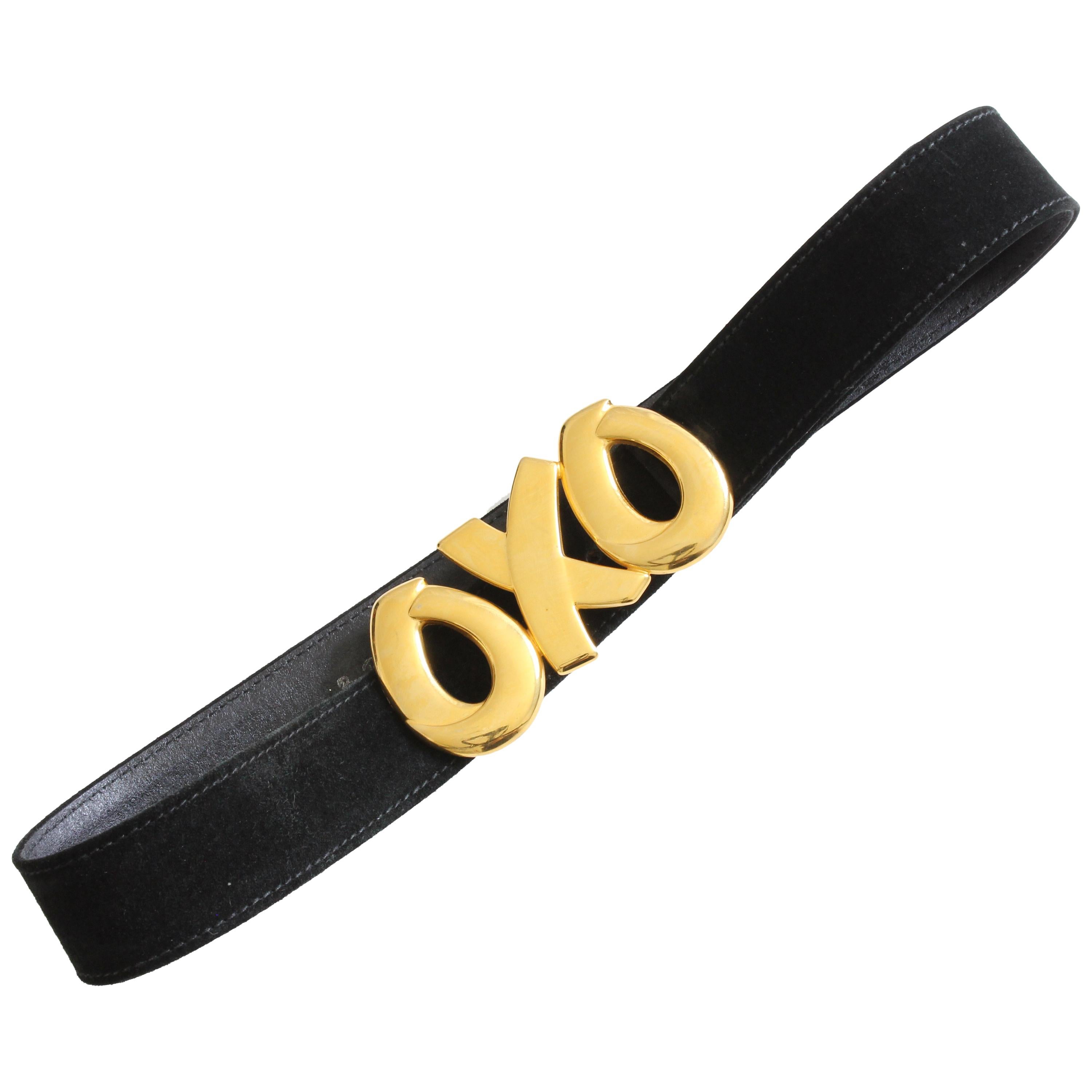 Paloma Picasso Massive OXO Gold Metal Buckle & Black Suede Belt Sz M 75cm 80s