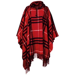 Burberry London Red/Black Nova Tartan Plaid Fringe Cowlneck Poncho One