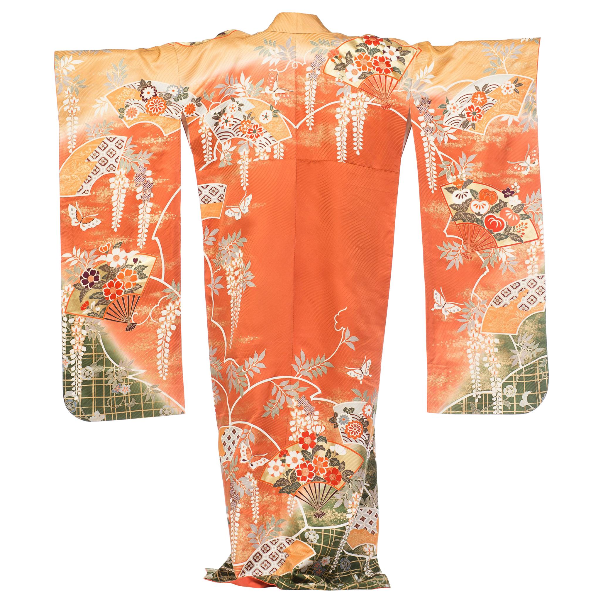 1970S Floral Japanese Print With Fans  Kimono