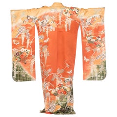 1970S Imprimé floral japonais avec éventails  Kimono