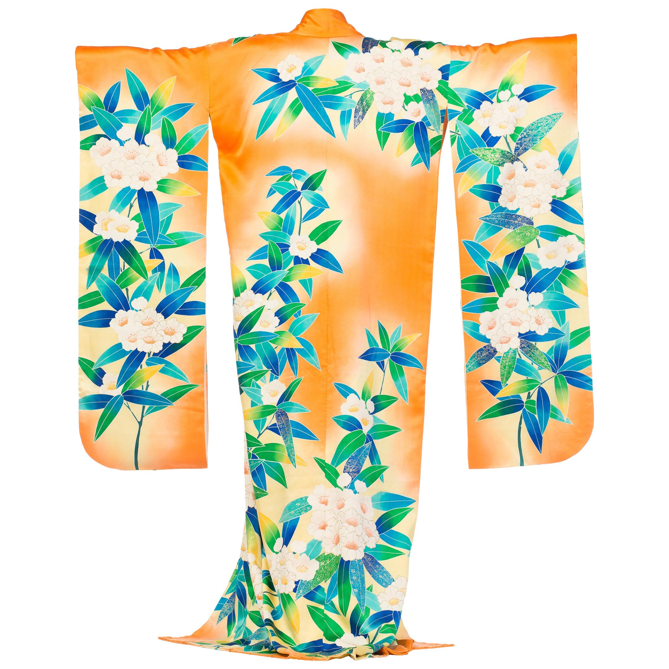 1970S Hand gedruckt tropischen Blumen japanischen Seide Kimono im Angebot