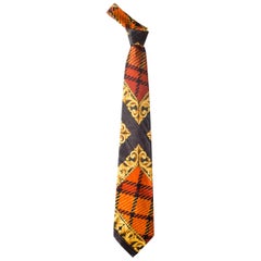 1990S Versus By GIANNI VERSACE Gold Scroll & Plaid Printed Silk Mens Tie