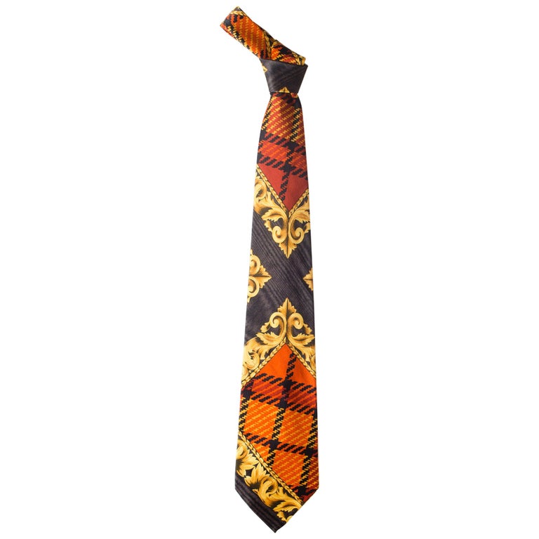 1990S Versus By GIANNI VERSACE Gold Scroll and Plaid Printed Silk Mens