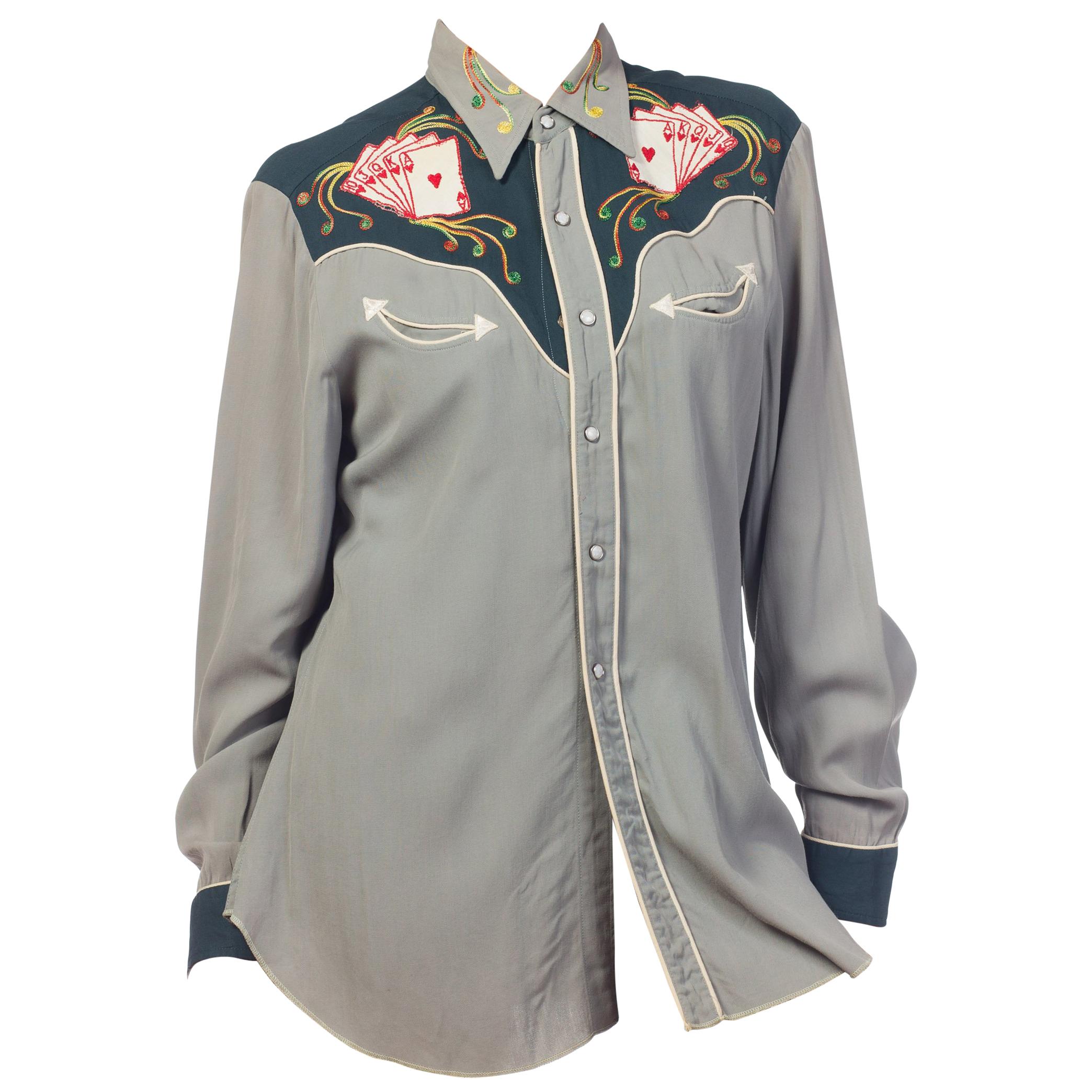 1950s Men's Embroidered Rayon Gabardine Western Gambler Shirt