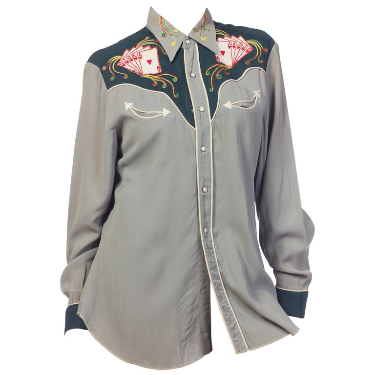 1950s Men's Embroidered Rayon Gabardine Western Gambler Shirt at ...