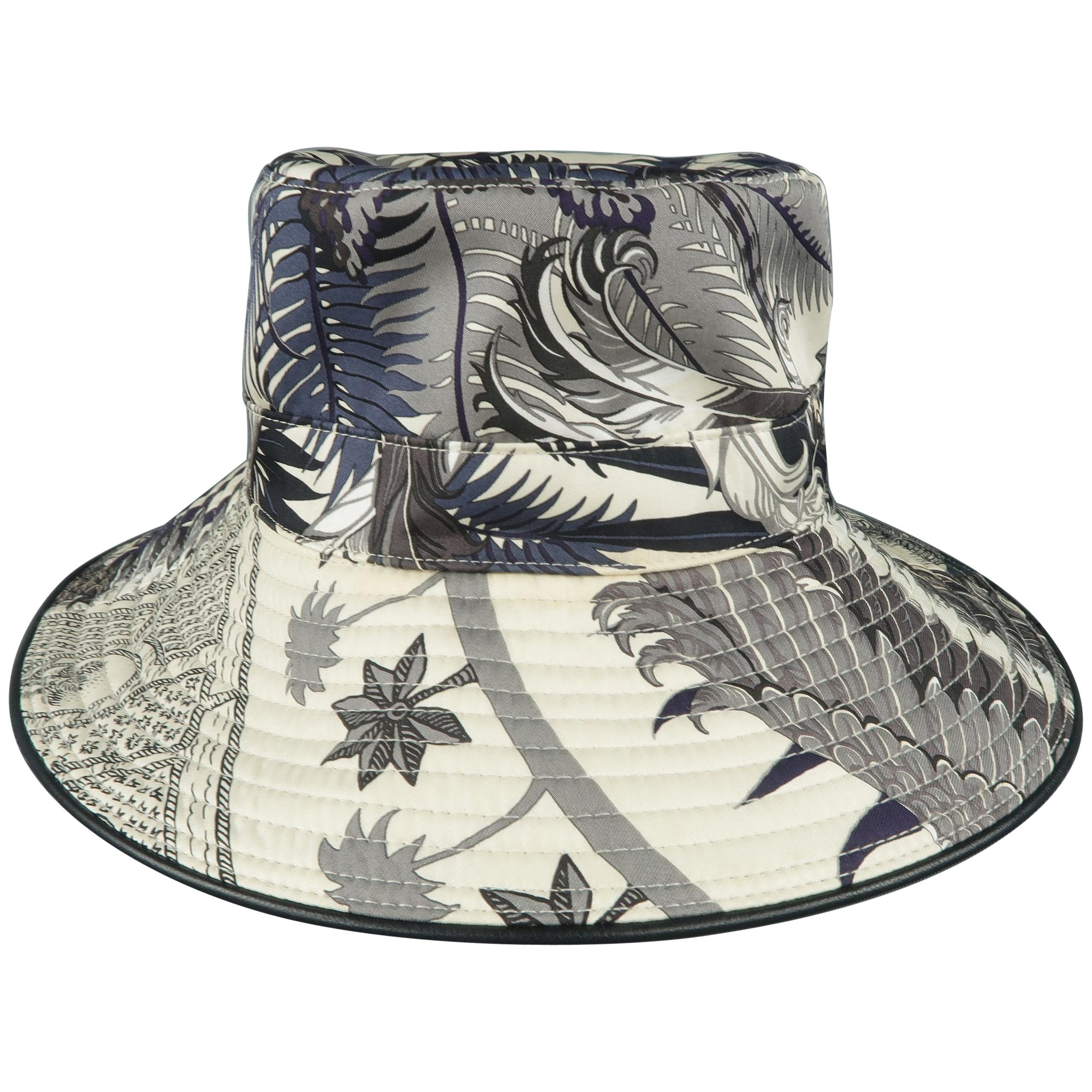 HERMES Hat - Black & White 'MYTHIQUES PHOENIX' Print Silk Beach Butcket Hat