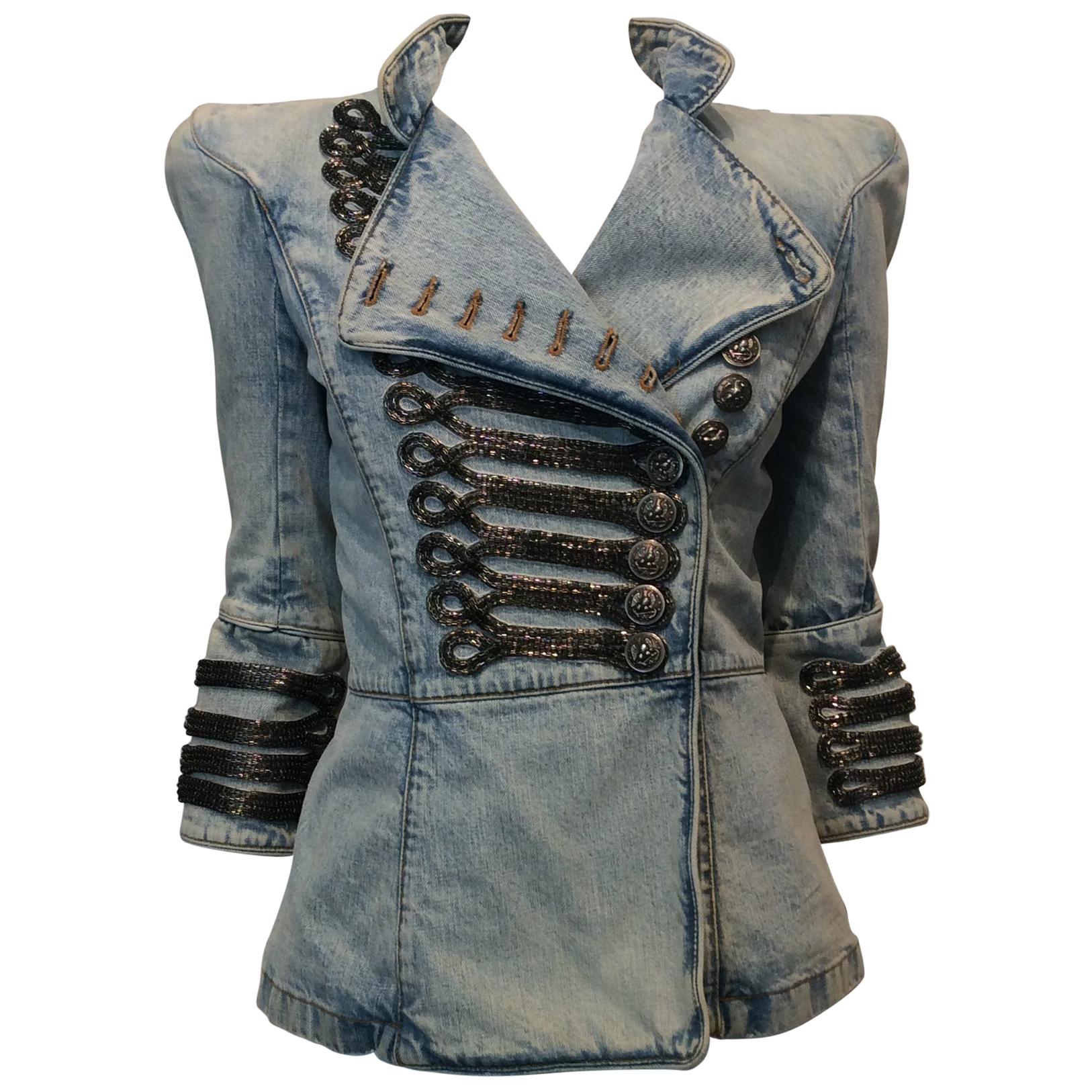 Balmain Beaded Aiguillette Military Jean Jacket  For Sale