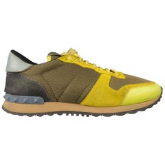 VALENTINO Size 11 Neon Yellow Green Mixed Materials Leather Rockstud Sneakers