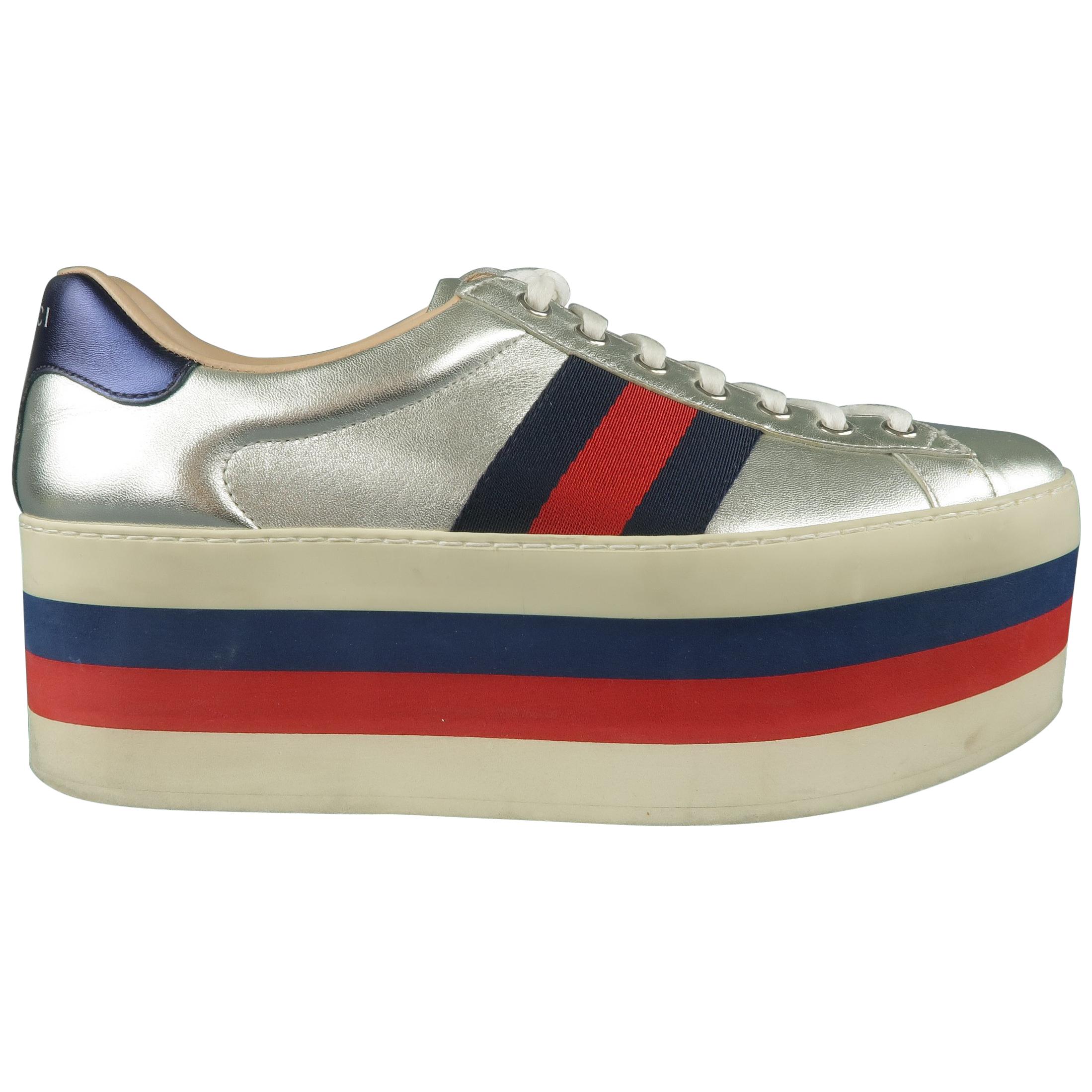 GUCCI Size 8 Silver Metallic Leather Striped Platform Sneakers Shoes
