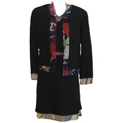 Chanel 2000 Black Boucle Three Piece Suit with Floral Multicolor Chiffon  Trim 