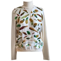 Rare Retro Hermes Henri de Linares Plumes Print Silk Front Turtleneck Sweater