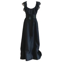 Vintage 1960s Ferdinando Sarmi Black Maxi Length Ruffle Neck Dress with Ribbon Belt