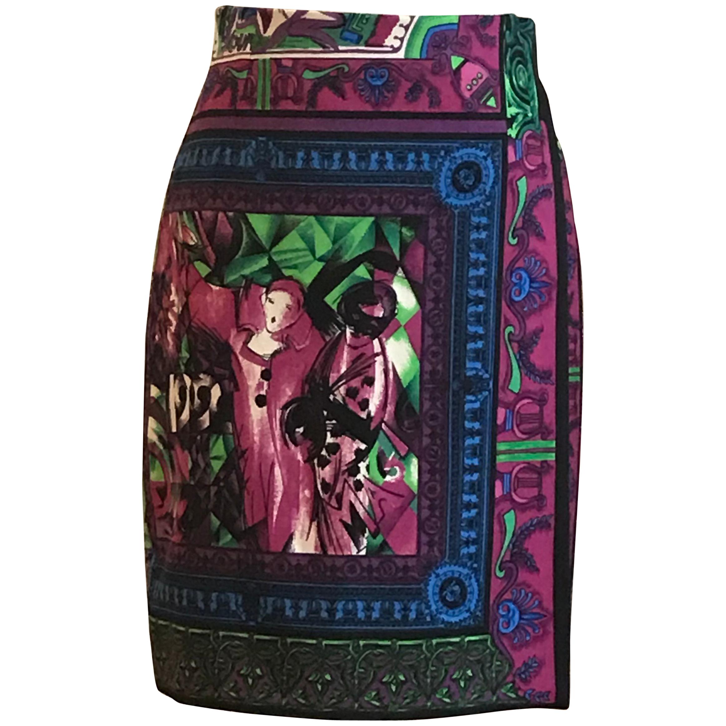 Gianni Versace Vintage 1990s Multicolor Atelier Masquerade Print Skirt 