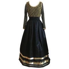 Used Victoria Royal Black and Gold Embellished Beaded Tassel Gown Long Sleeve