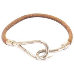 Hermes Brown Leather x Silver Tone Hook Jumbo Bracelet