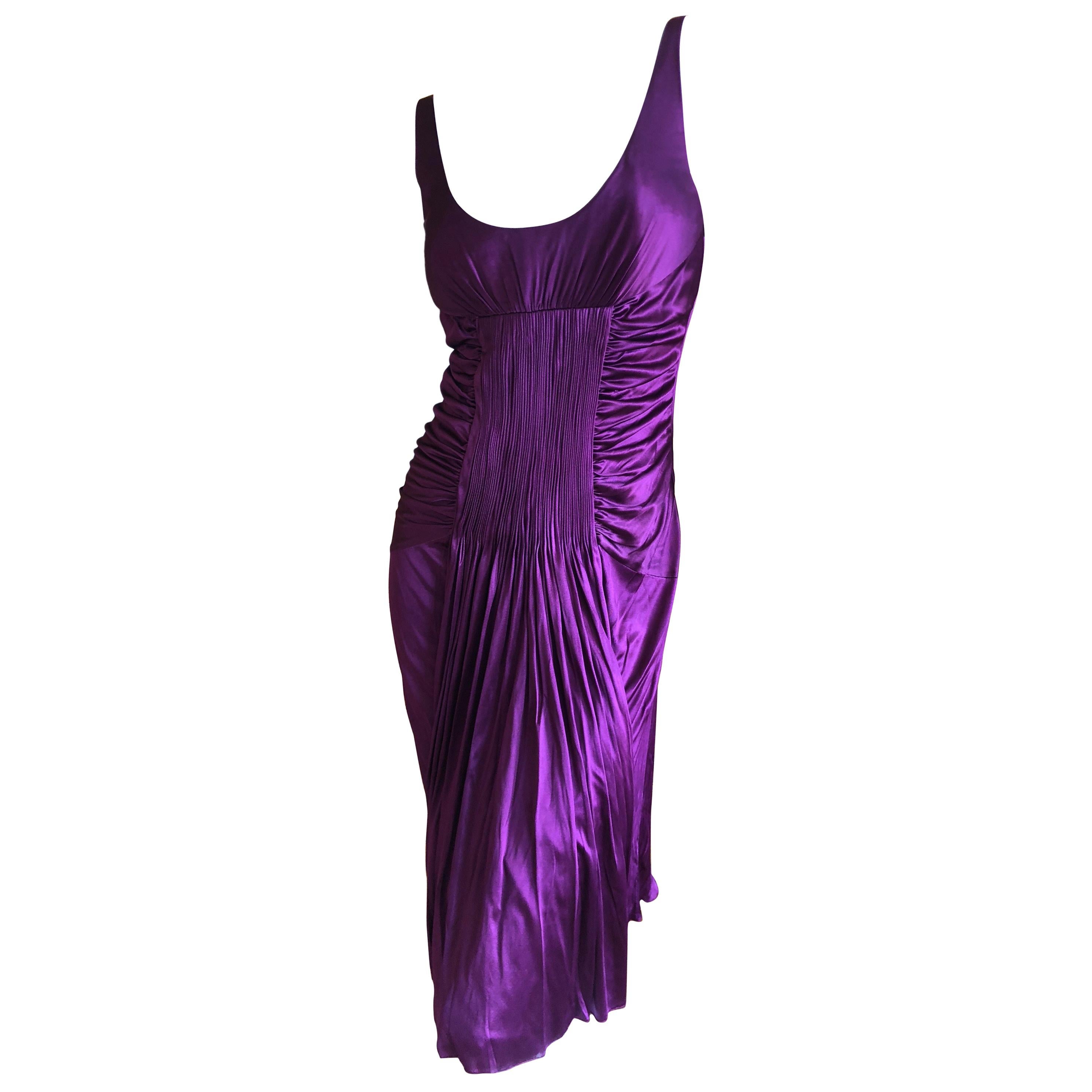 Versace Vintage Pleated Purple Jersey Low Cut Cocktail Dress with Low Cut Back For Sale