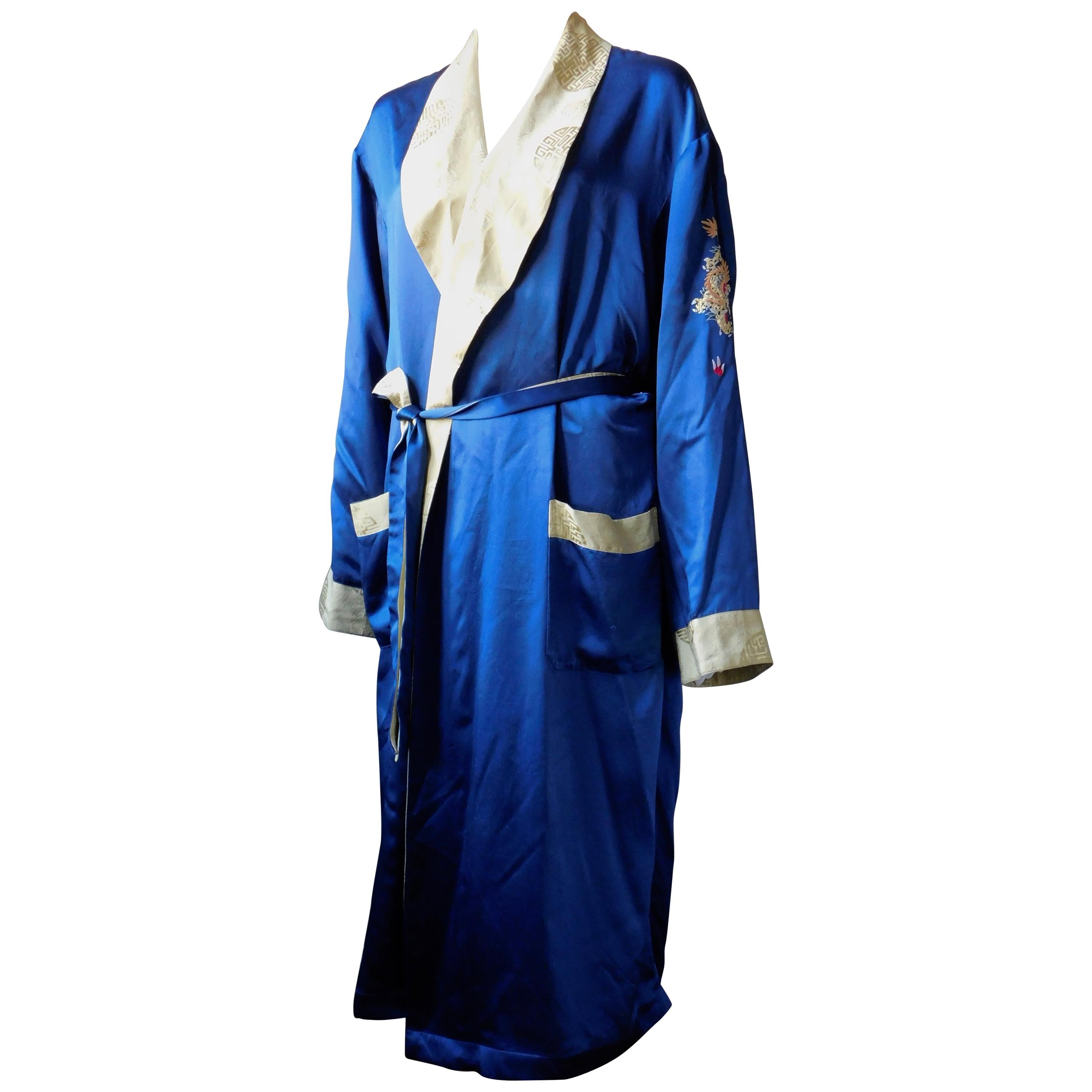 Vintage Blue and Gold Silk Robe with Dragon Embroidery