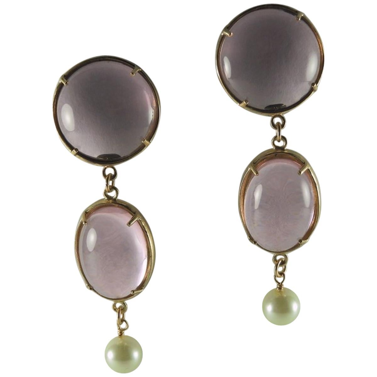 Bronze Earrings with Pink Murano glass cabochon and freshwater pearl.
