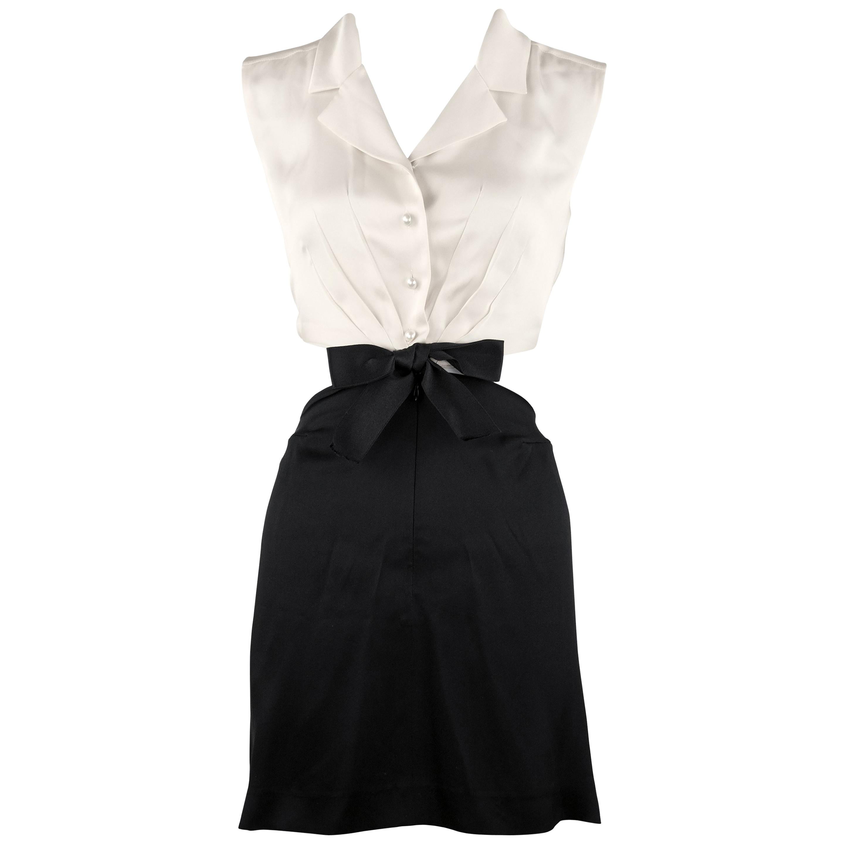 Chanel Vintage Silk Charmeuse Black and White Dress   For Sale
