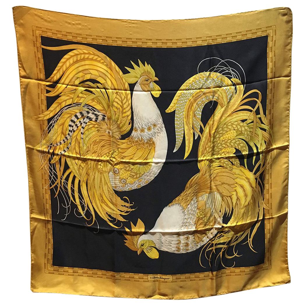 Salvatore Ferragamo Vintage Black and Gold Rooster Chicken Print Silk Scarf