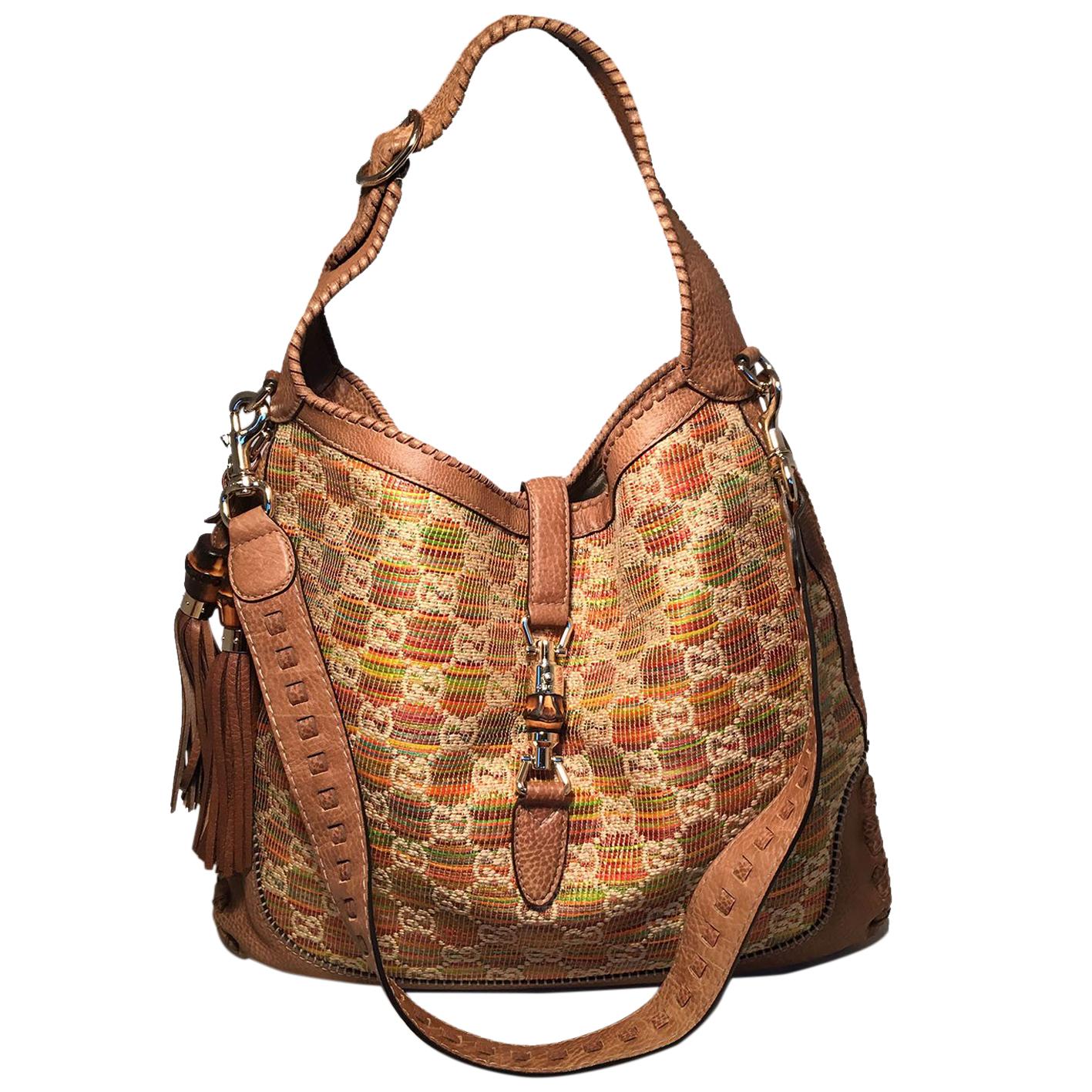 Gucci MultiColor GG Monogram Straw and Tan Leather New Jackie Shoulder Bag