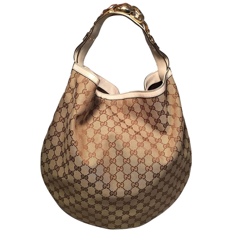 Gucci Beige/Brown Canvas Hobo Shoulder Bag with Brown Leather Trim 203503