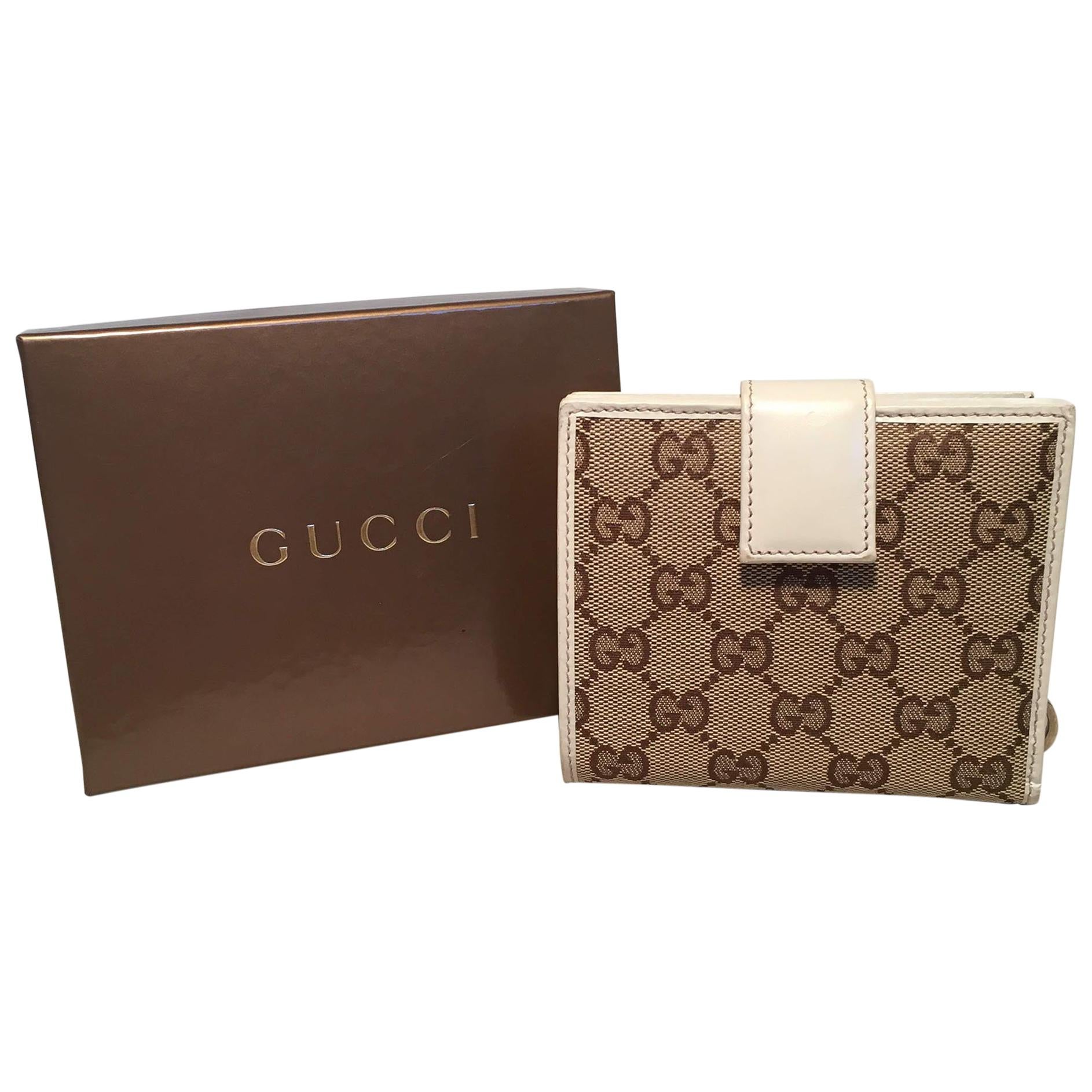 Gucci GG Monogram and Beige Leather Wallet with Zip Pocket and Box