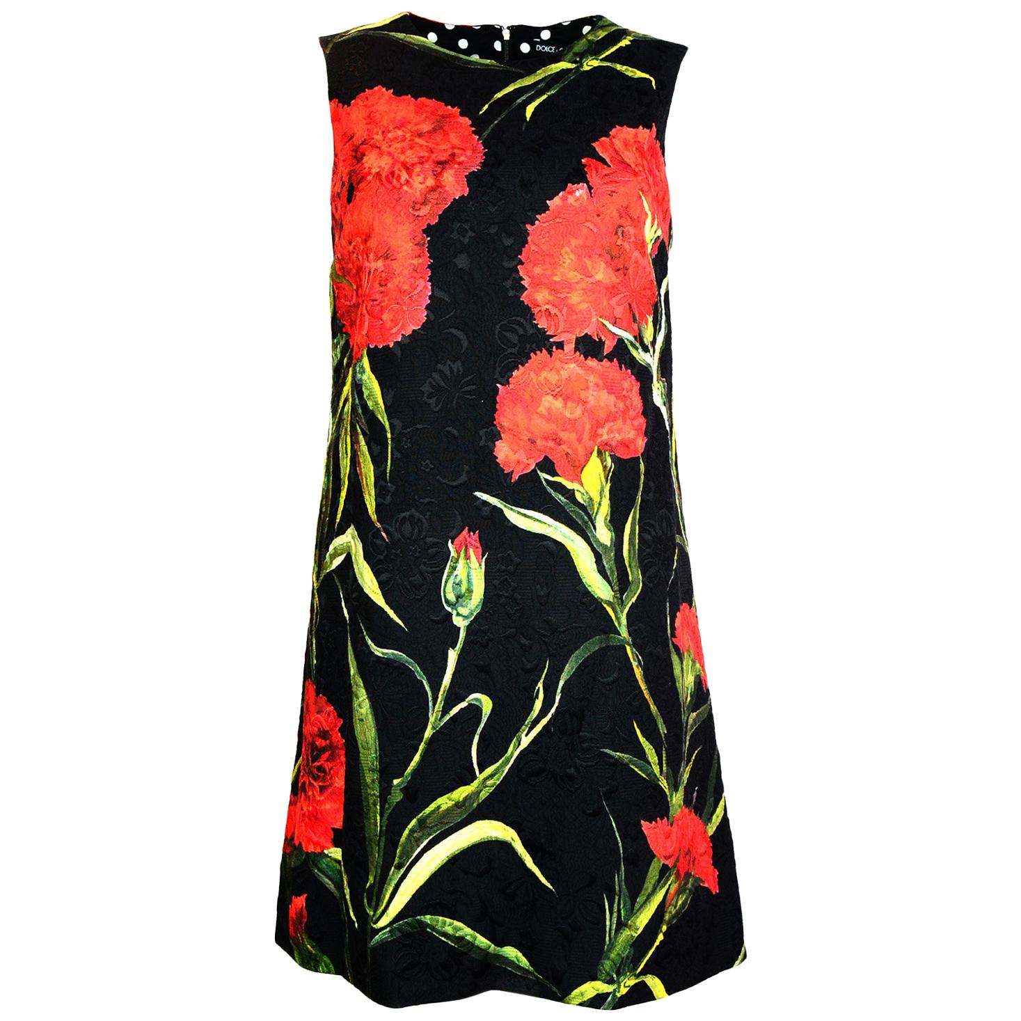 Dolce & Gabbana Red/Black Carnation Floral Brocade Print  Shift Dress sz 40