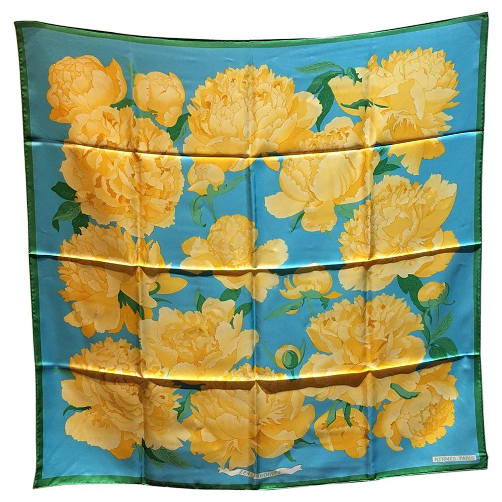 Hermes Vintage Les Pivoines Silk Scarf in Blue Green and Yellow c1978