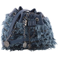 Chanel Drawstring Charm Bucket Bag Fringe Denim