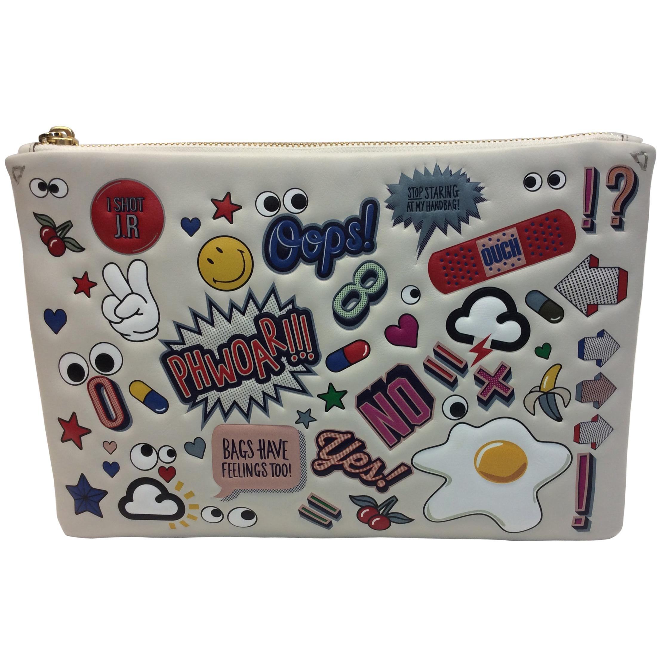 Anya Hindmarch White Leather Sticker Clutch For Sale