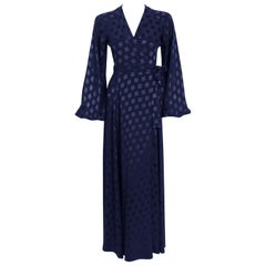 Ossie Clark for Quorum Navy Deco Print Satin Backless Billow-Sleeve Gown, 1972