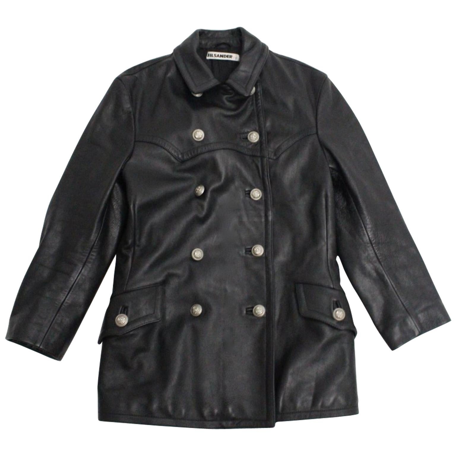Jil Sander Vintage Black Double Breasted Leather Jacket  For Sale