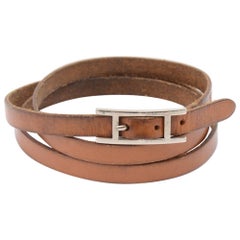 Hermes Api III Brown Leather Silver Tone H Logo Wrap Bracelet