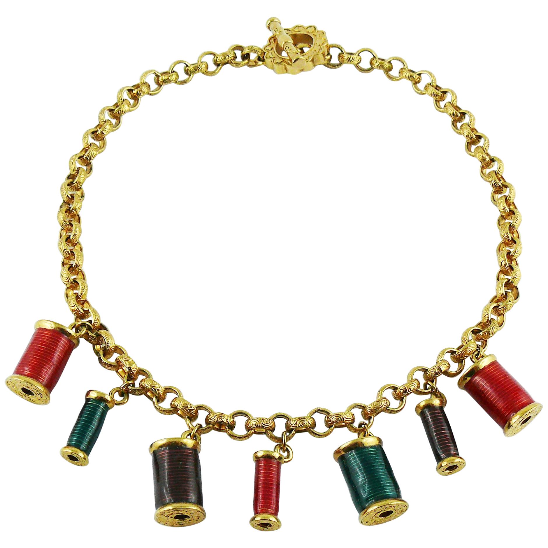 Nina Ricci Vintage Multicolored Sewing Thread Spool Charm Necklace For Sale