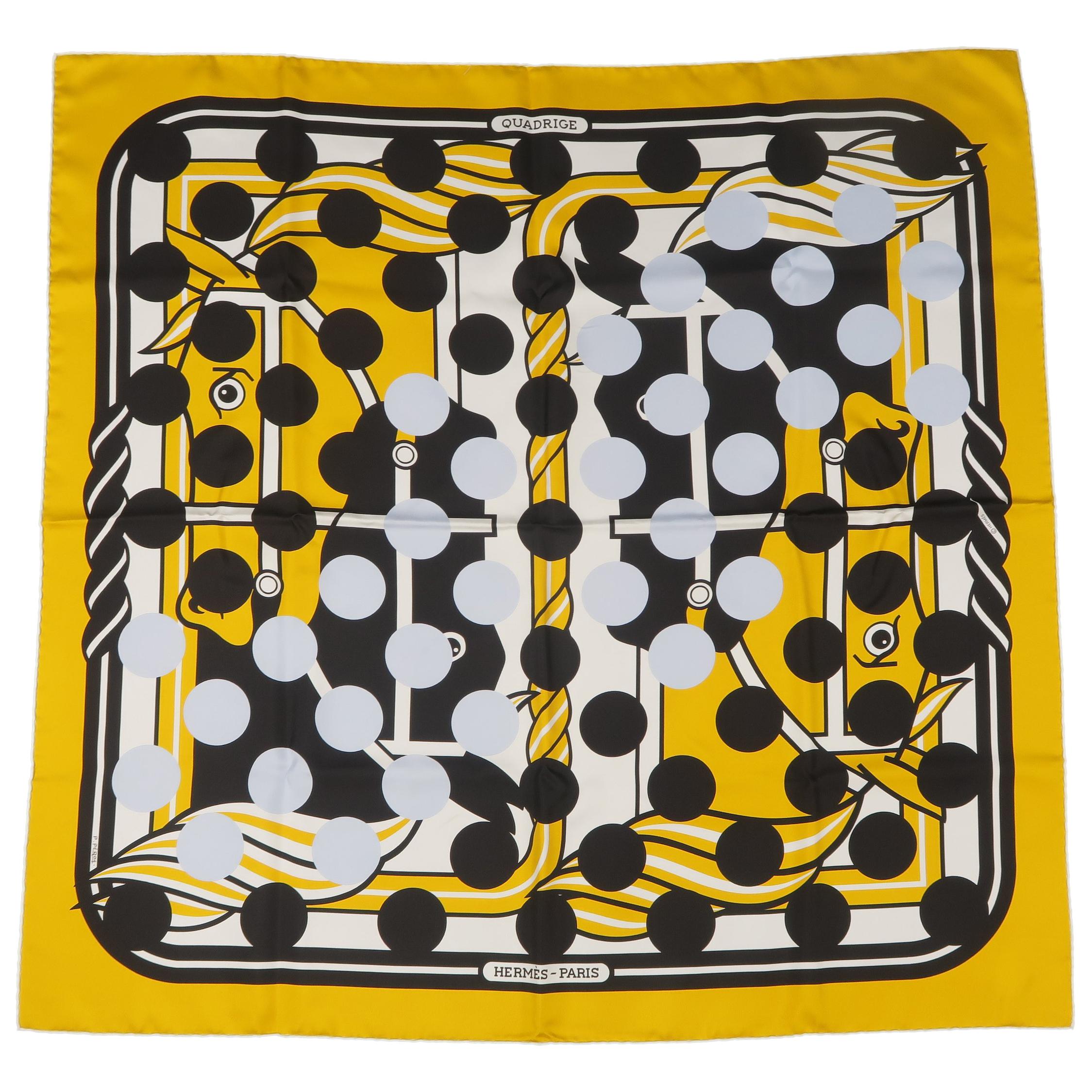 Hermes x Comme des Garcons Gold and Black Silk Polka Dot Quadrige Scarf 