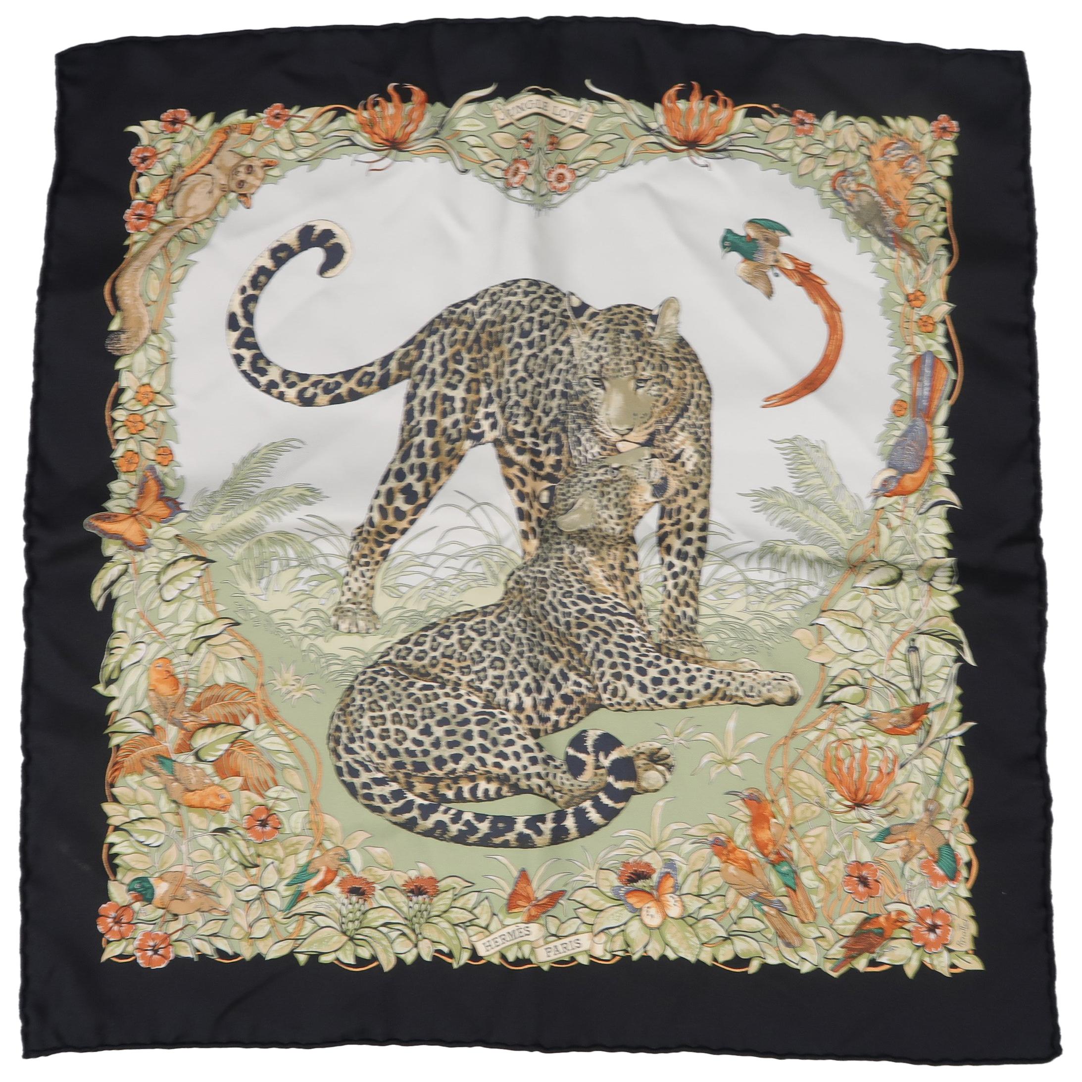 HERMES Pocket Square "Jungle Love" Black & Teal Silk Handkerchief 