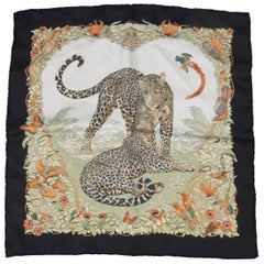 HERMES Pocket Square "Jungle Love" Black & Teal Silk Handkerchief