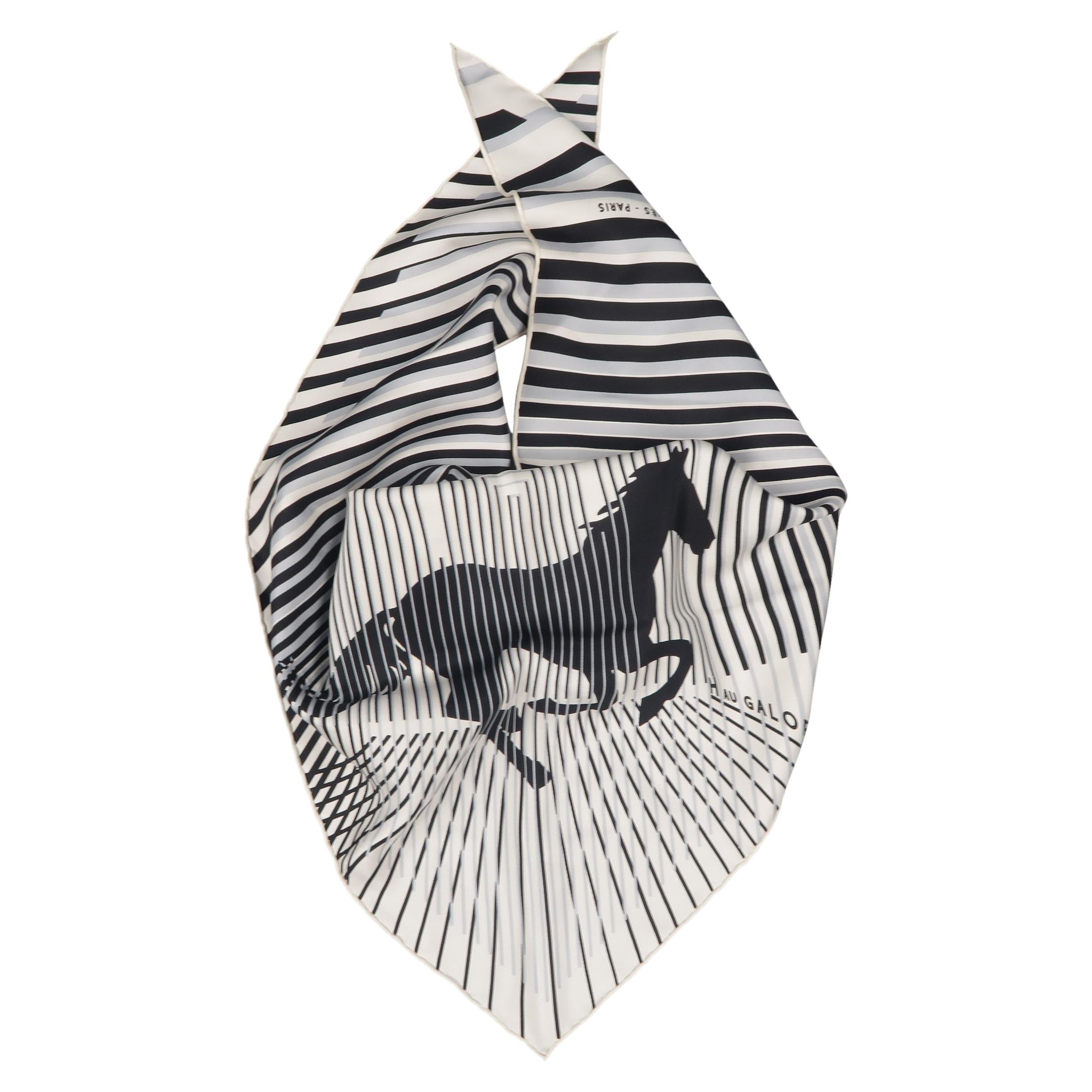 HERMES Scarf - H au Galop Horse - White & Black Print Silk Triangle