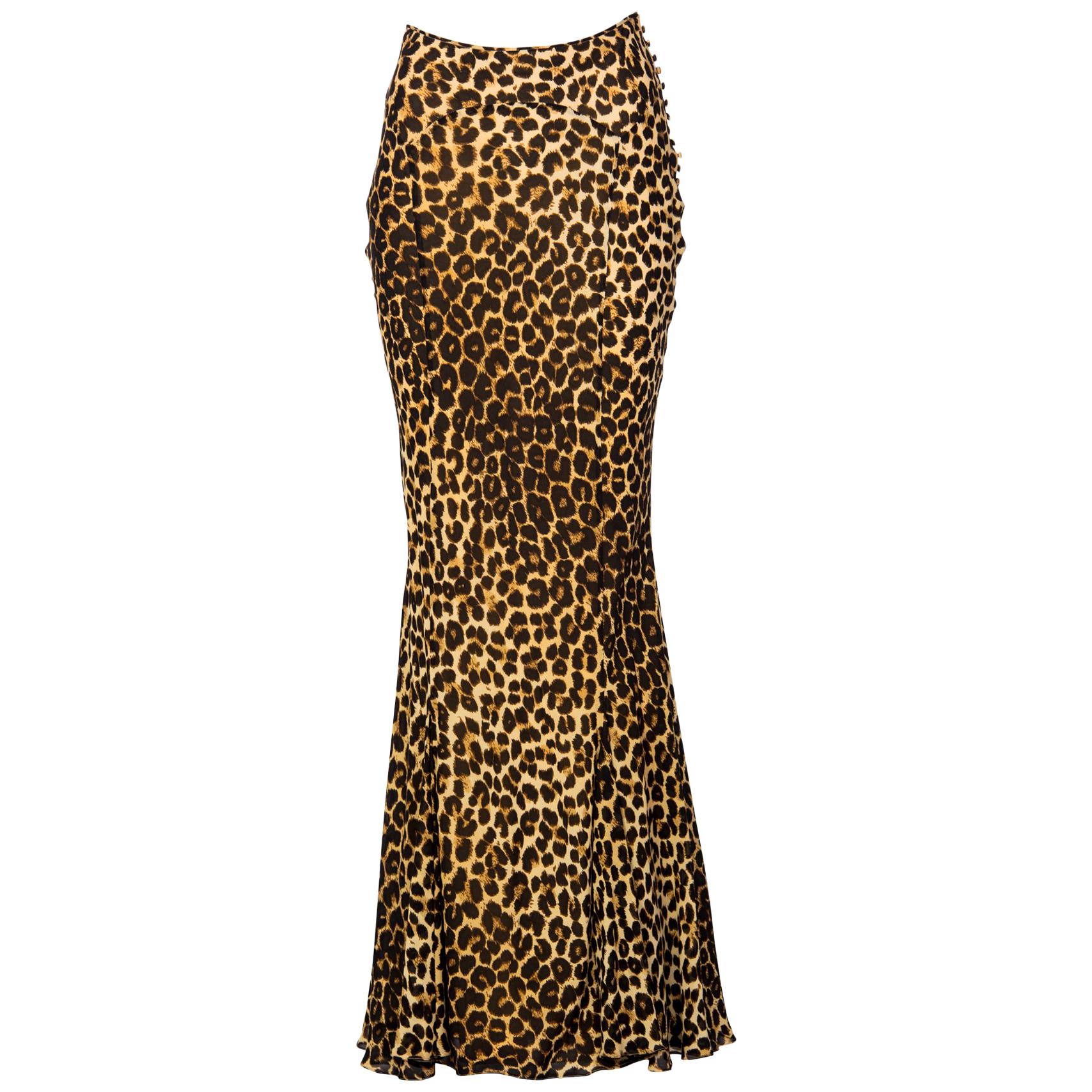 John Galliano Animal Leopard Print Silk Maxi Skirt