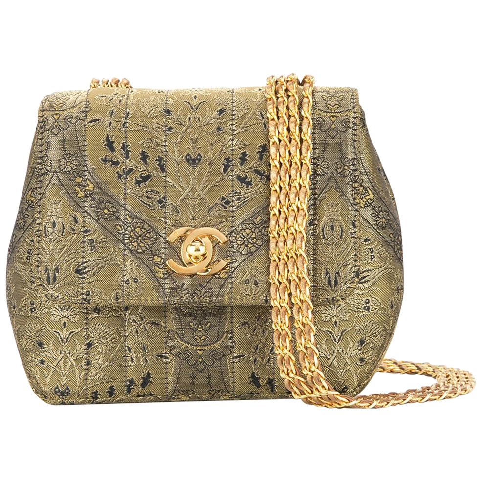 Chanel Green Gold Jacquard Small Party Evening Shoulder Flap Bag