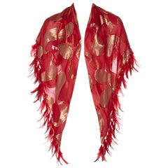 Retro 1970s Yves Saint Laurent Red Gold Paisley Silk Feather Shawl YSL