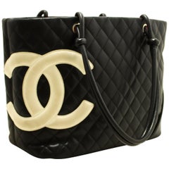 Chanel Cambon Black White Quilted Calfskin Large Shoulder Bag Tote 