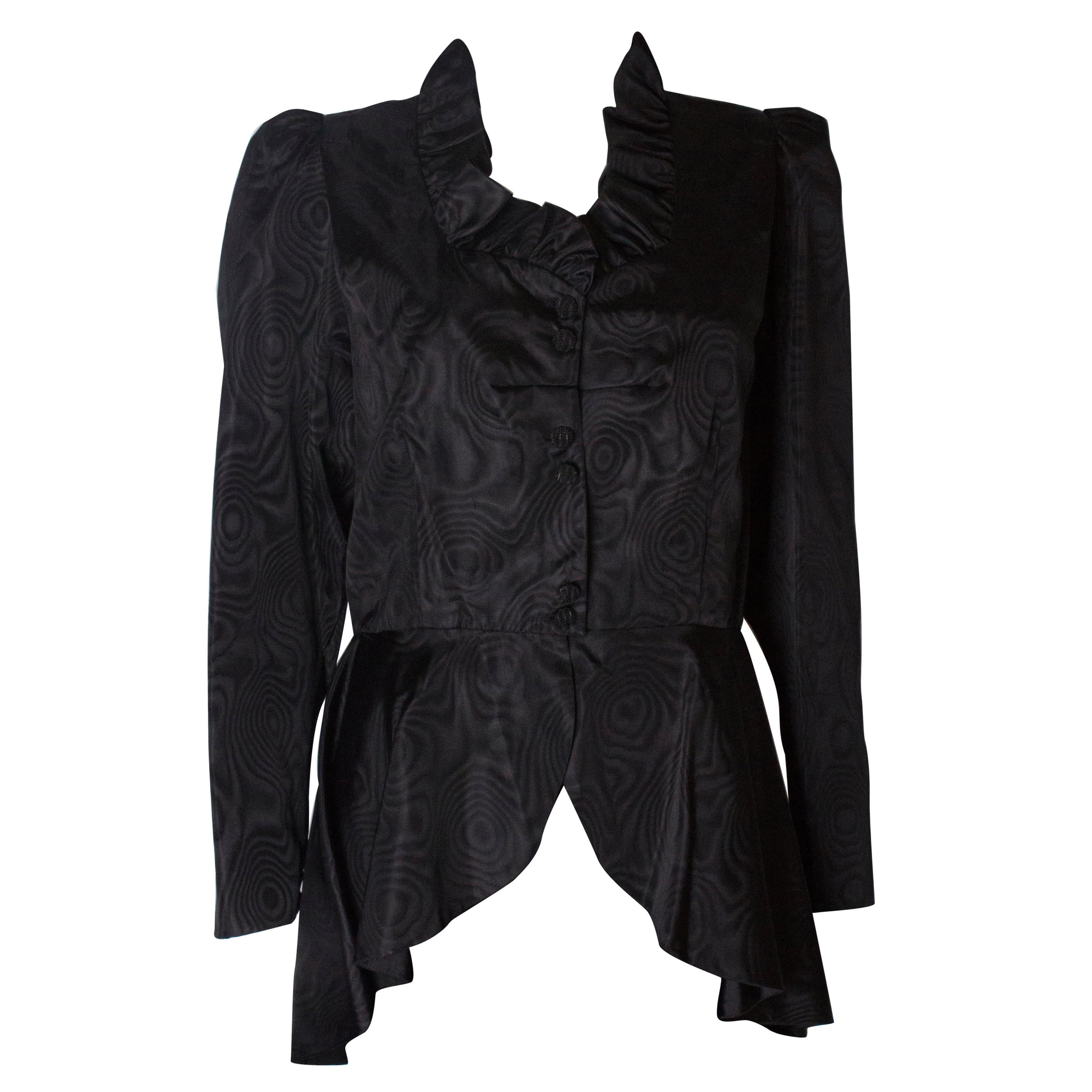 Black Moire Silk Vintage Jacket with Frill Edged Collar and Peplum For Sale