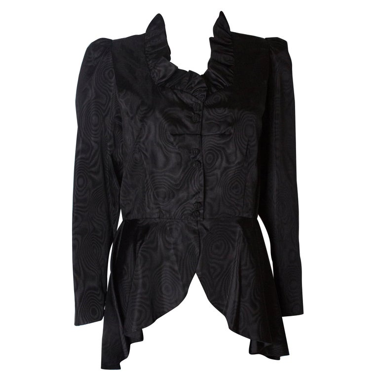 Black Moire Silk Vintage Jacket with Frill Edged Collar and Peplum For ...