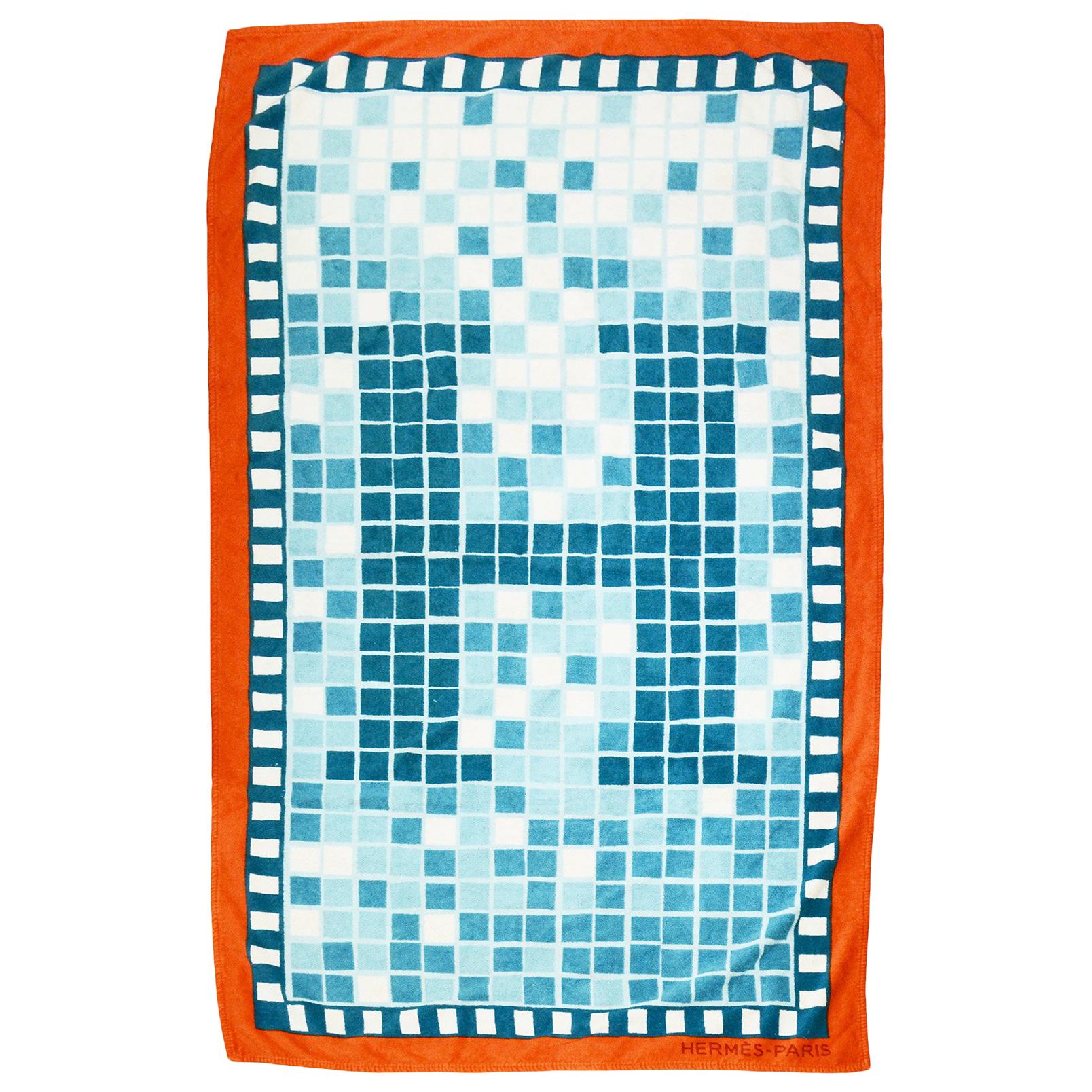 Hermes Blue/Orange Mosaic H Print Terry Cloth Cotton Beach Towel