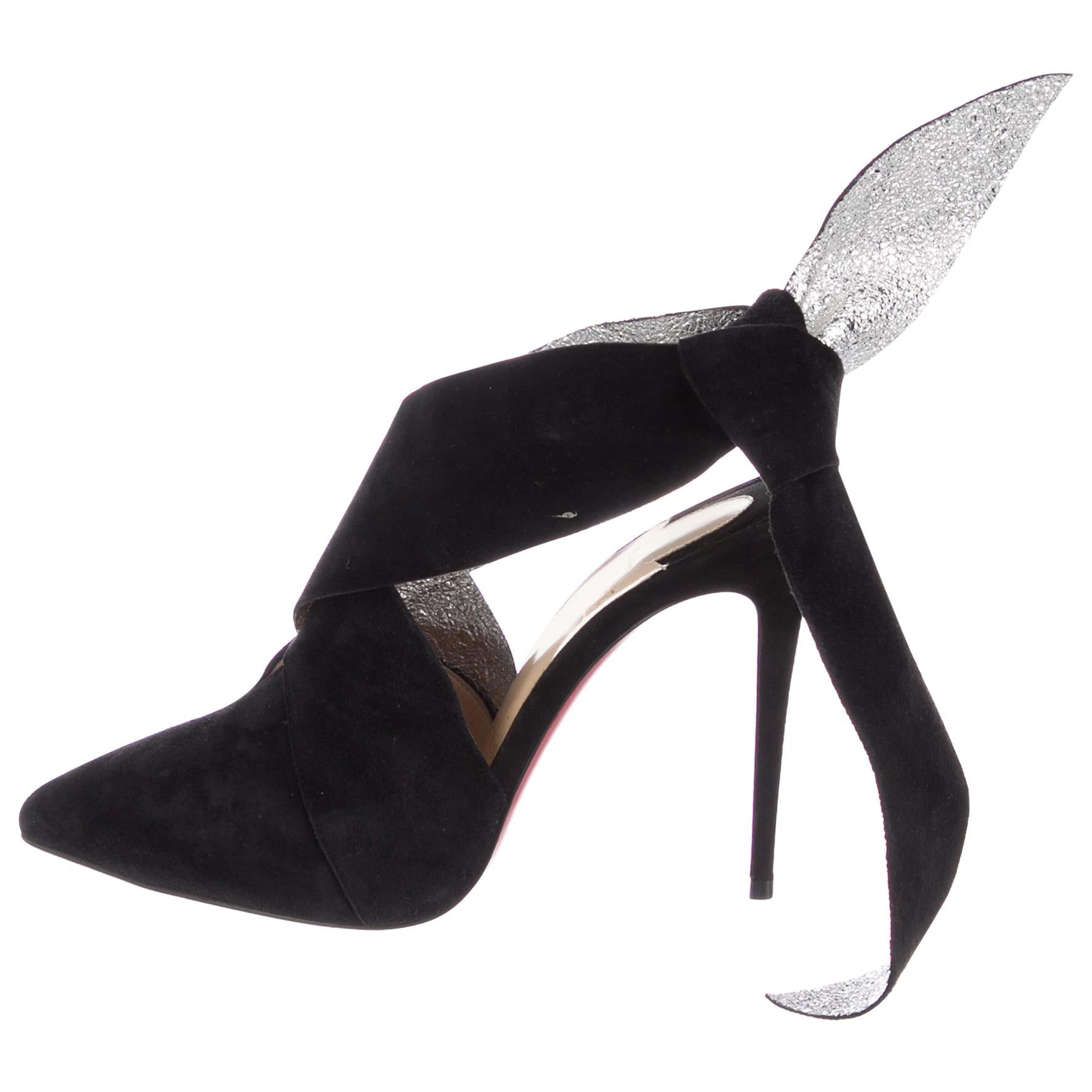 Christian Louboutin Black Suede Silver Tie Evening Ankle Heels Booties Boots