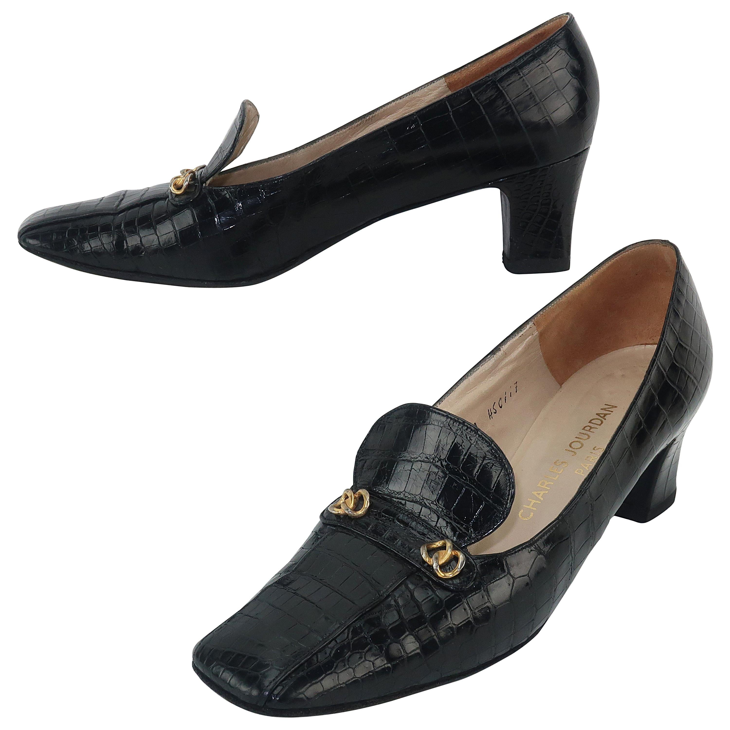 C.1960 Charles Jourdan Black Crocodile Heeled Loafers Shoes